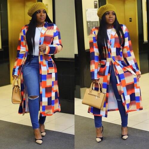 Sexy baby 001 Winter womens casual long color plaid print double-breasted lapel cardigan 8088