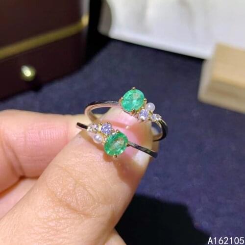 925 Pure Silver Chinese Style Natural Emerald Womens Popular Trendy Pearl Oval Adjustable Gem Ring Fine Jewelry Support Detecti