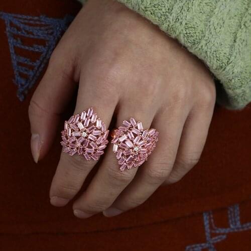 2020 new design full baguette cz paved luxury gorgeous women jewelry pink cubic zirconia big heart ring