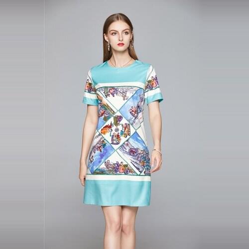 2021 Womens Summer Dress European Retro Round Neck Print Short Dress New Waist Female Short-sleeved Dresses X649