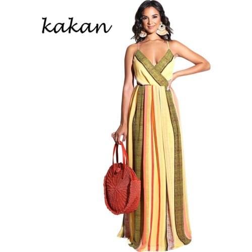 Kakan summer new womens dress sexy sling deep V-neck open back dress long print striped dress