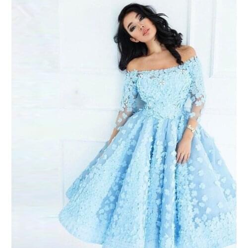 Sky Blue Prom Dresses A-line 3/4 Sleeves Tulle Flowers Short Prom Gown Evening Dresses Robe De Soiree