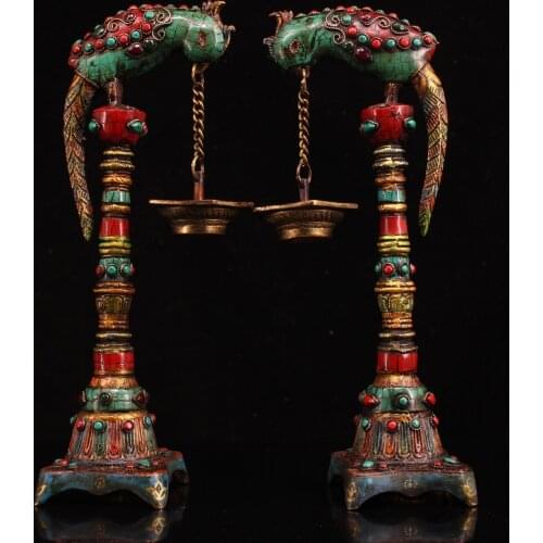 13"Tibet temple Old Bronze outline in gold Painted mosaic Gem Lucky Bird Hang Oil lamp Wax table A pair Ornaments Exorcism
