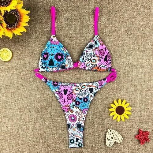 2021 Europe and the United States Explosive Skull Print Lace Bandage Split Swimsuit Swimsuit Beach Bikini