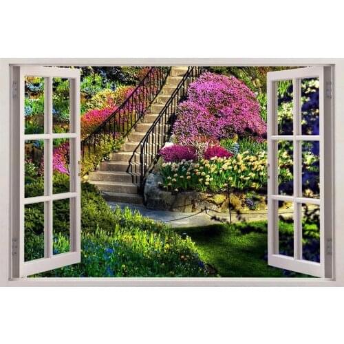 Free Shipping 3D Effect Window View Garden Fake Windows Wall Stickers Removable Faux Windows Wall Decal