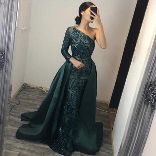 Shiny One Shoulder Evening Dresses Detachable Train Sequined Lace Long Mermaid Prom Dress African Formal Party Gown