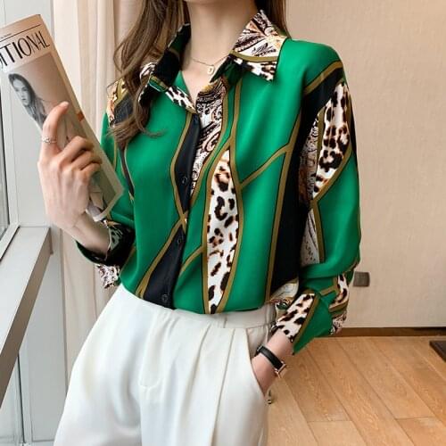 Leopard Print Blouses For Women Fashion Chiffon Loose Casual Shirt Tops Spring Autumn New Elegant Streetwear Female Green Blusas