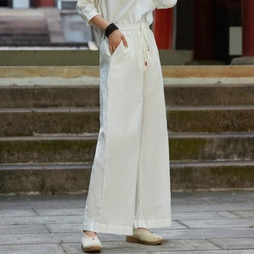 Women Summer Cotton Linen Retro Wide Leg Pants Ladies Vintage Solid Color Elastic Waist Wide Leg Trousers Female 2020 Pants