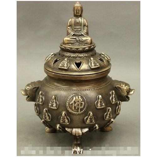 Fast shipping 6 " Tibet Buddhist Bronze Shakyamuni Buddha Lion Head Statue Incense Burner Censer