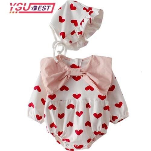 2020 Spring Baby Jumpsuits Full of Heart Baby Girls Clothing Big Bow Collar Baby Bodysuit Princess 0-3Yrs Baby Girls Bodysuits