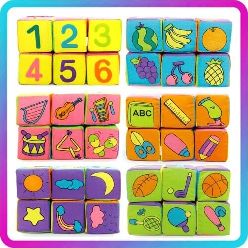 6pcs/Set Cloth Building Blocks New Infant Baby Cloth Doll Soft Rattle early Educational Cartoon Baby Rattles Play Cube Cloth Toy