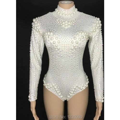 Design White Pearls Stretch Leotard Womens Dance Bodysuit Prom Celebrate Outfit Bar Nightclub Women Dancer Outfit