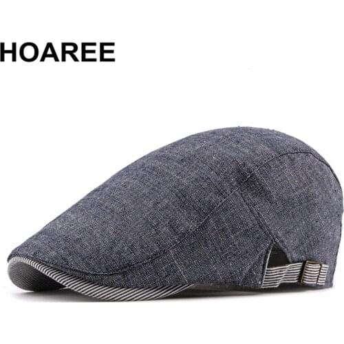 HOAREE Gray Cotton Linen Flat Cap for Men Spring Summer Beret Man British Style Vintage Casual Ivy Irish Cap Adjustable 55-60cm