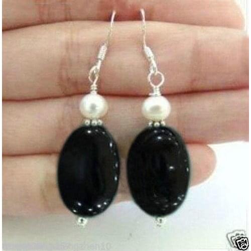 Beautiful White shell pearl Natural black Marcasite Tibetan silver Dangle Earrings