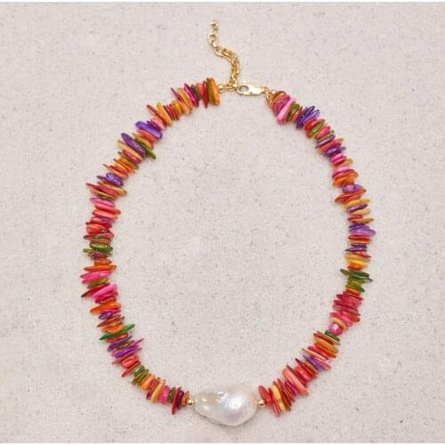 High Quality Baroque Freshwater Pearl Pendant Necklace Bohemian Colorful Stone Piece Beaded Choker Set Gift For Women e girl