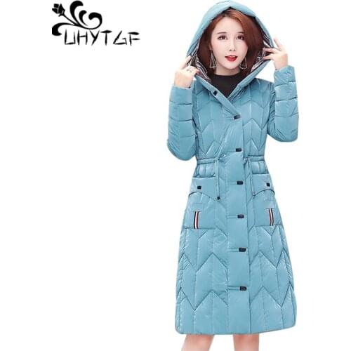 UHYTGF Quality Shiny Down Jacket Winter Coat Womens Fashion Hooded Thick Warm Cotton Outerwear Slim Plus Size Parker Female 1418