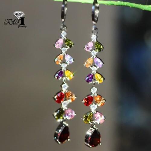 YaYI Jewelry Multi-Color Natural Moissanite Gemstones Zirconia Silver Color Wedding Party Hoop Ear Stud Precious Tassel Earrings