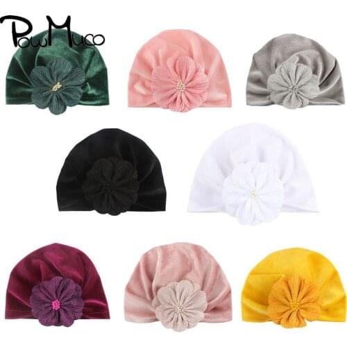 Powmuco 18*15 CM High Quality Gold Velvet Infant Hat 8 CM Artificial Flower Baby Girls Caps Fashion Warm Kids Turban Photo Props
