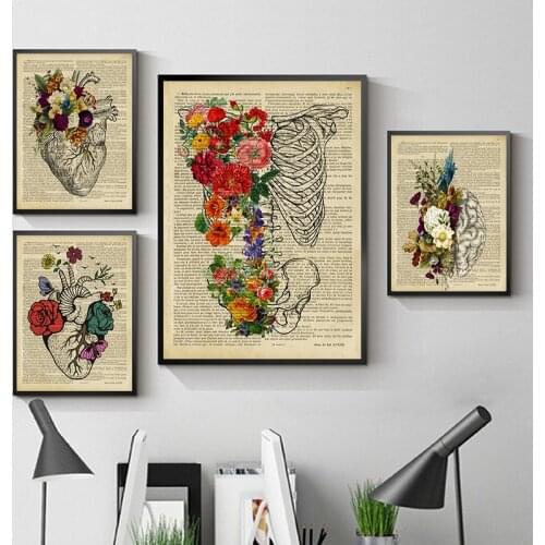 Vintage Anatomy Floral Heart Brain Wall Art Canvas Painting Retro Posters and Prints Wall Pictures Medical Doctor Clinic Decor