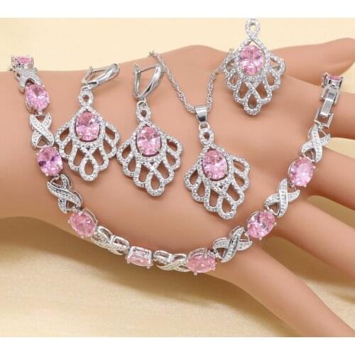 XUTAAYI Silver Jewelry Set For Women White Cubic Zirconia Pink Earring Necklace Ring Bracelet