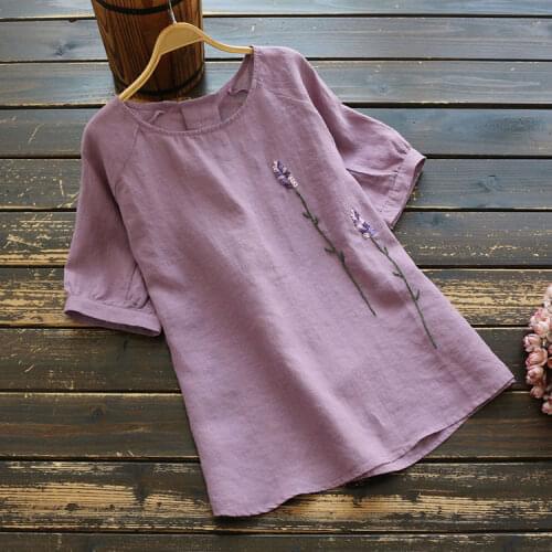 6153 New Summer Women Blouse vintage Chinese Style Loose Thin Embroidery Short Sleeve Tops Ramie O-Neck Blouse