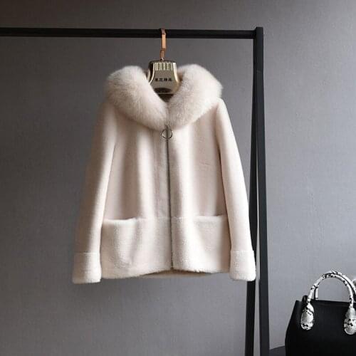 MENINA BONITA 2021 Brand Real Fur Coat Winter Jacket Women Natural Fox Fur Collar Hood 100% Wool Content Woven Outerwear Teddy