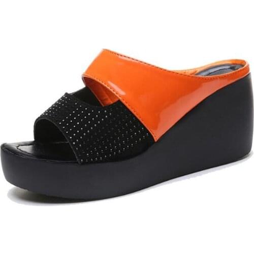 2021 New Spell Color Patent Leather Rhinestones Slippers Fashion Sandals Platform Wedge Slippers Heighten Summer Women Sandals