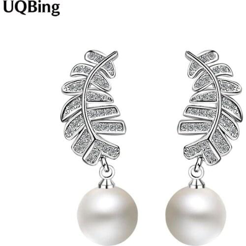 925 Sterling Silver Long Design Crystal Pearl Feather Wedding Women Stud Earrings Gift For Best Friend Girls
