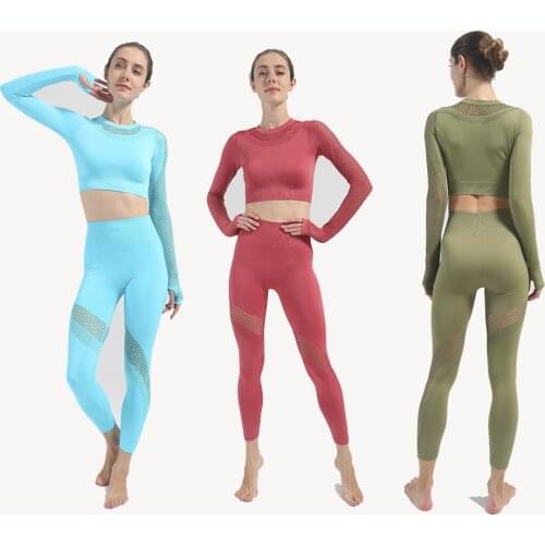 2PCS Hollow Mesh Women Seamless Yoga Set Gym Clothing Fitness Leggings+Long Sleeve Cropped Top Sport Suit Tracksuit Active Wear