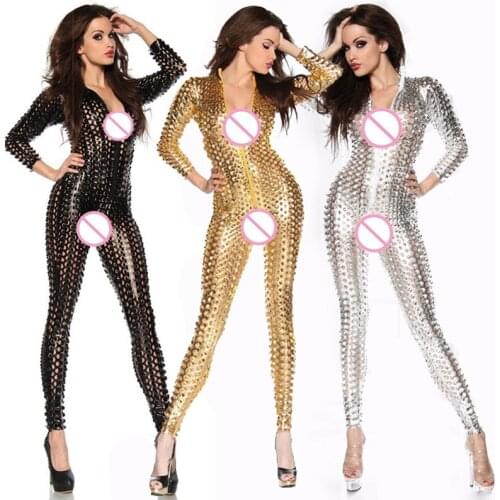 Lady Sexy Hollow Out Faux Leather Latex Catsuit Long Sleeve Open Bust Fetish Lingerie Hot Erotic Pole Dance Bodysuit Clubwear