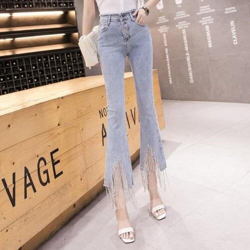 2021 HOT Spring and Autumn Womens jeans Tassels 9-point pants Trousers Clothes High waist Show thin Oversize All-match Fashion