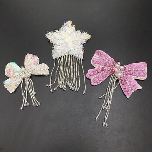 Pink Bow Crystal Rhinestone Applique Beaded Patch for Clothing Collar Bags Sewing on Accessories Fashion Decoration Patch