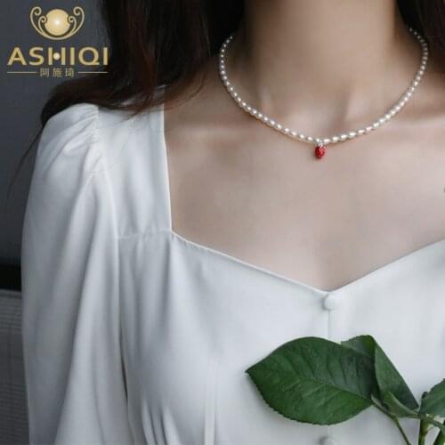 ASHIQI Natural Freshwater Pearls Necklace 925 Sterling Silver Chain Strawberry Pendant Fashion Jewelry for Women