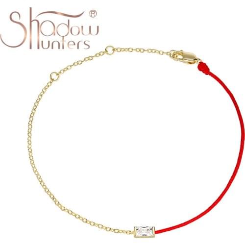 SHADOWHUNTERS 925 Sterling Silver Thin Red String Bracelet Rectangle-shaped Crystal Charm For Women Statement Jewelry Gold Color