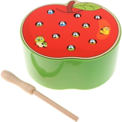 Wooden Magnet Apple Bug Catching Kit With Rod, Kids Montessori Educational Toy