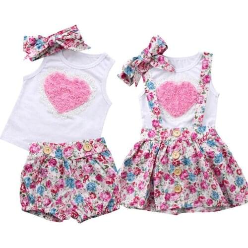 Baby Girl Summer Casual Clothing Sets 0-6Y Kids Children Sister Matching Outfits Floral Tank Tops Strap Skirt Shorts Headband