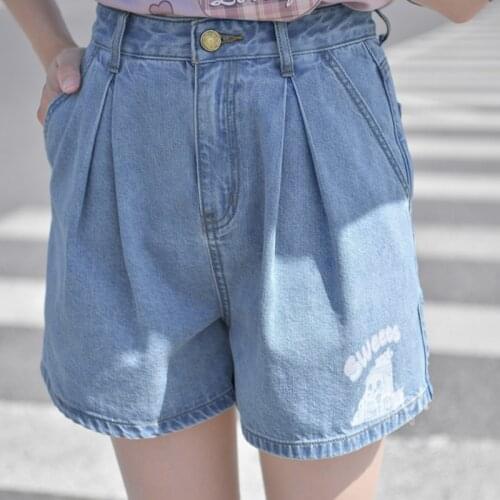 Korean Fashion Harakuju Wide Leg Teen Girls Denim Shorts Casual Kawaii Japanese Anime Printed Straight Oversize Jeans For Women