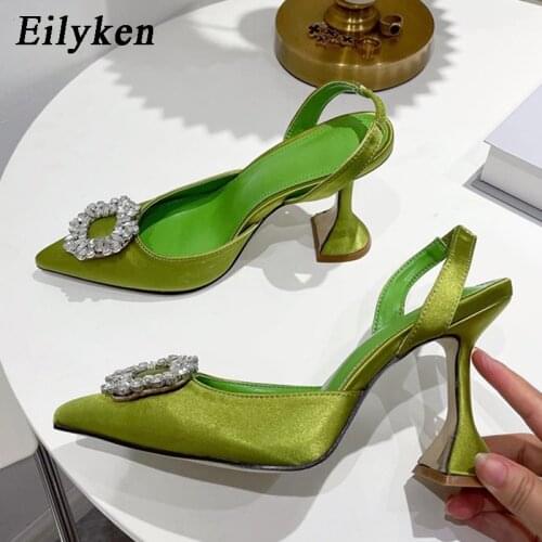 Eilyken Fashion Brand Women Pumps Crystal Slingback Summer Pointed Toe Comfortable Triangle Heeled Party Wedding Bride Shoes