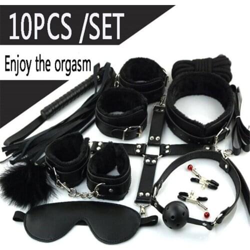 Ataullah 10 Pcs/set Sex Toys Erotic Toys for Adults Couples BDSM Sex Bondage Handcuffs Nipple Clamps Gag Whip Rope BG005