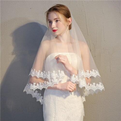 EZKUNTZA Lace Bridal Veils Short Style Simple Double-layer With Hair Comb Wedding Accessories Voile Mariage