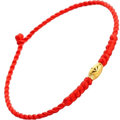 Fine Real 24K Yellow Gold Bracelet 0.22g Oval Bead with Red Cord Bracelet 6.7inches