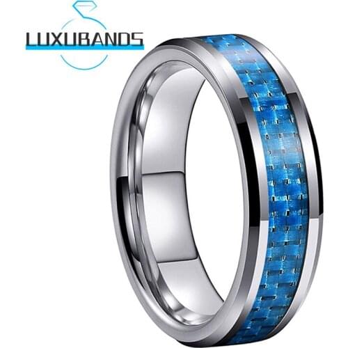 6MM Women Men Tungsten Carbide Rings Blue Carbon-Fiber Inlay Beveled Edges Polished Finished Comfort Fit
