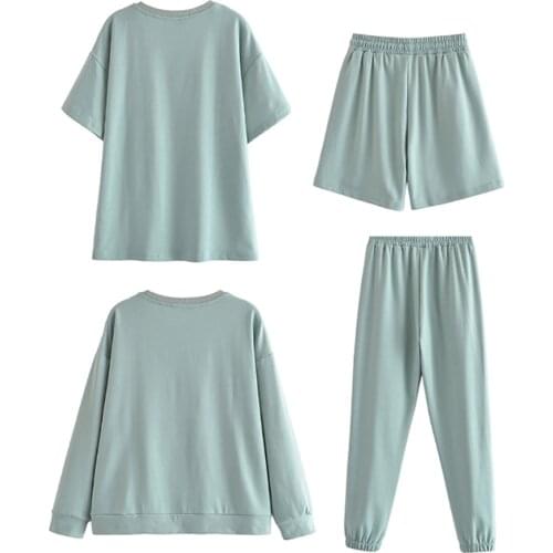 Aachoae Women Solid Casual Tracksuits 2021 Loose O Neck Tshirt Shorts Pants Suits Female Summer Home Style Two Piece Sets
