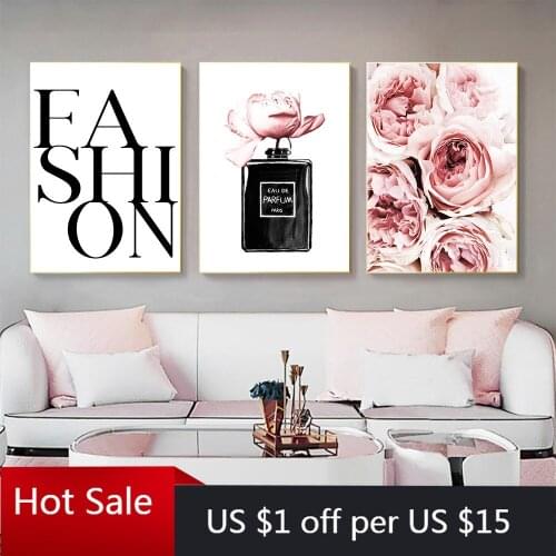 Fashion Wall Art Canvas Painting Prints Perfume Bottle Wall Art Posters Flowers Peony Girls Poster Aesthetic Room Decorative