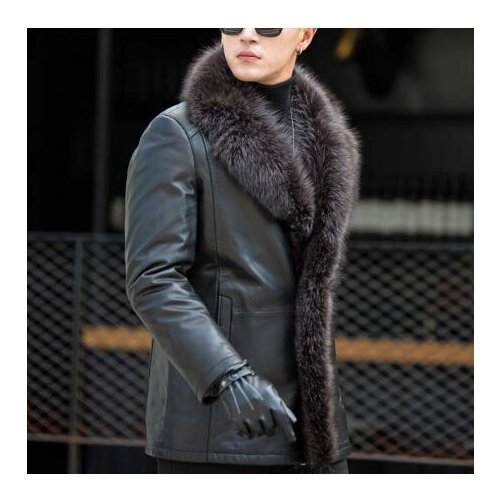 Male Raccoon Fur Collar Long Fur One Leather Mens Jacket Large Fur Warm Plus Size 5XL 2019 new Winter Real Sheep Leather Coat