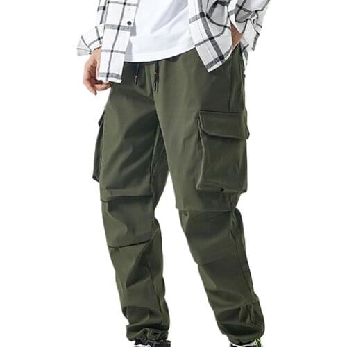 50%HOTMen Pants Solid Color Ankle Tied Summer Multi Pockets Drawstring Trousers for Sports