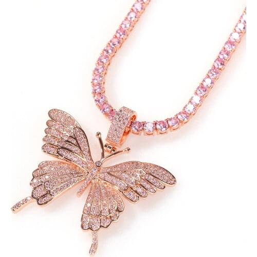 Hip Hop Men Pink Gold Color Zircon Butterfly Pendant Crystal Miami Necklace Chain Ice Out Cuban Necklace Hip Hop For Men