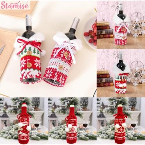 Red Christmas Knitted Snowflake Wine Bottle Set Merry Christmas Decoration For Home Xmas Ornament Navidad 2020 Happy New Year