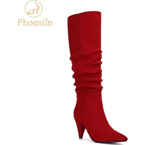 Phoentin 2019 autumn mid calf flock boots women pleated pointed toe spike high heels 9cm red female shoes FT711