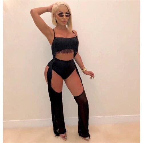 2020 Sexy Tassel Two Piece Set Strapless Crop Top+ Sheer Mesh Pants with Panties Body Hollow Out Tracksuits Fashion Overalls